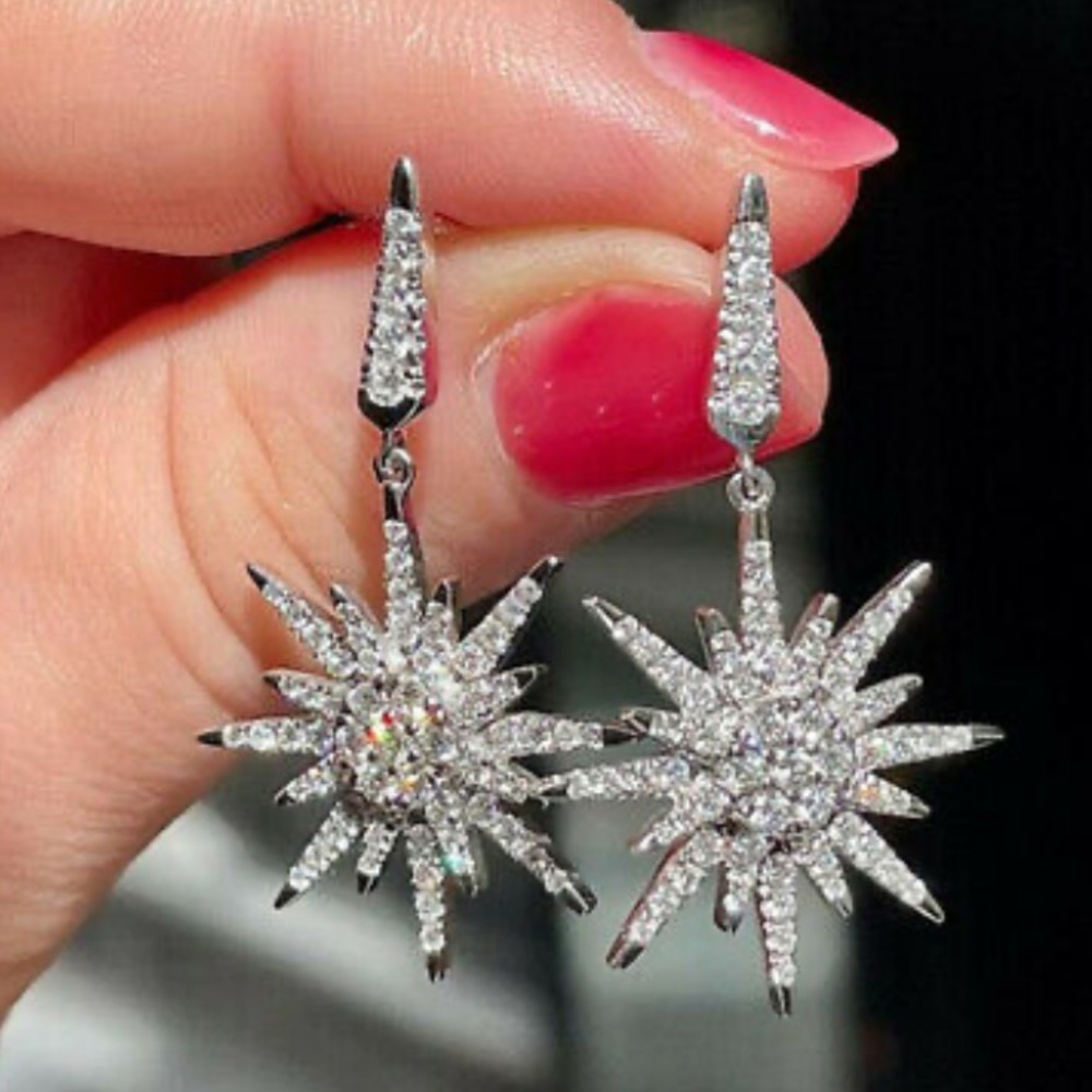 Silver Crystal Starburst Drop Earrings - Elegant Sparkle